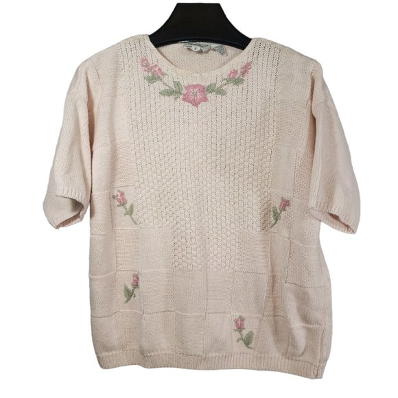 Russ Sweaters - VTG Chain/Waffle Knit Short Sleeve Sweater Pastel Pink Embroidered Rose Floral